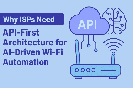Illustration showing API-first architecture connecting AI agents and Wi-Fi devices for ISP network automation