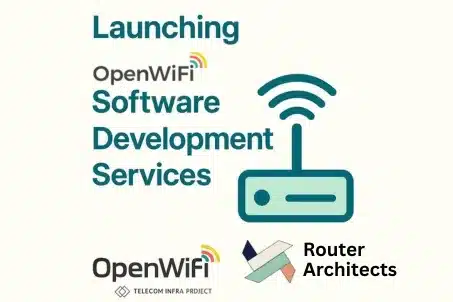 Router Architects launches OpenWiFi software development services under the Telecom Infra Project banner, featuring a WiFi router icon.