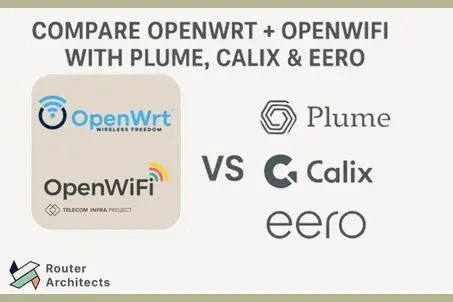 A comparison graphic featuring OpenWrt and OpenWiFi on one side, versus Plume, Calix, and Eero on the other, with branding logos and a VS label in the center.