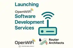 Router Architects launches OpenWiFi software development services under the Telecom Infra Project banner, featuring a WiFi router icon.