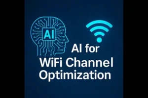 Stylized illustration featuring the text "AI for WiFi Channel Optimization" with a digital AI head and WiFi signal icon on a dark blue network background.