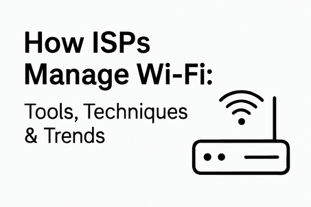 Minimalist graphic showing the title 'How ISPs Manage Wi-Fi: Tools, Techniques & Trends' on the left in bold black text, with a simple black Wi-Fi router icon emitting signals on the right, set against a clean white background.